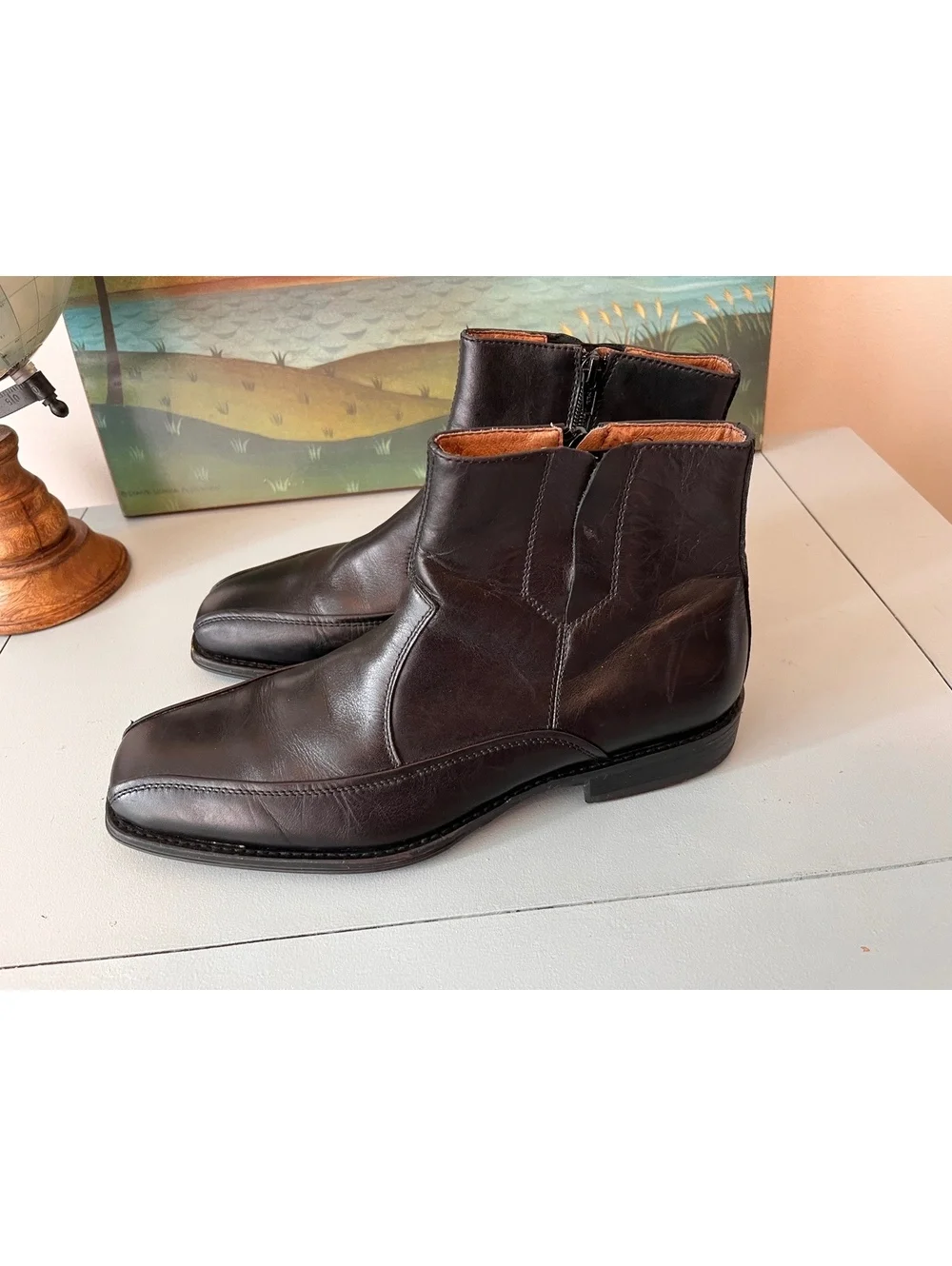 Johnston & Murphy Men's Leather Dress Ankle Boots Side-Zip Square Toe Size 9